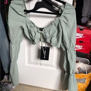 PrettyLittleThing Sage Green Gingham Ruched Milkmaid Crop Top
